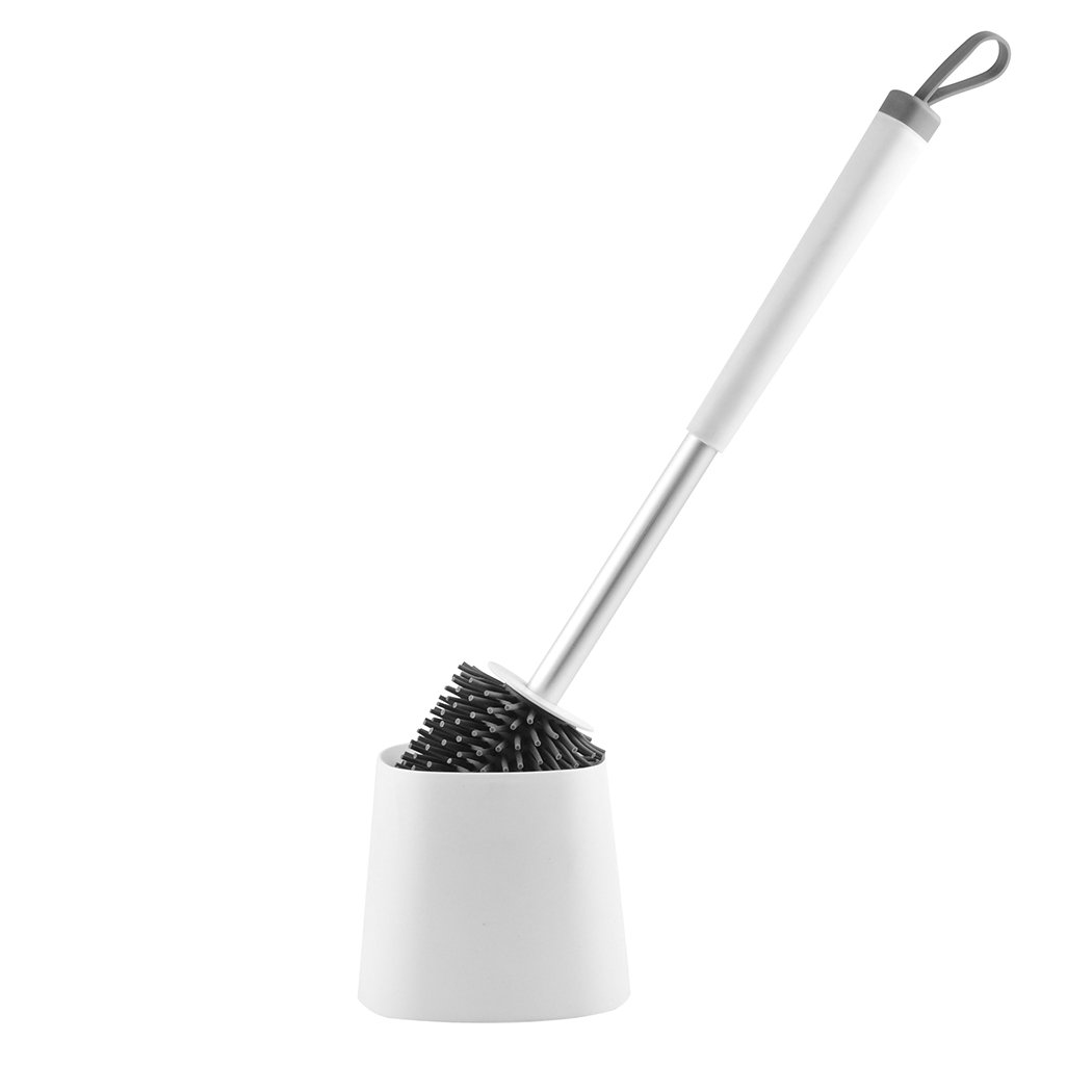 Toilet brush with holder featuring soft bristles and a stylish design, ideal for effective bathroom cleaning.