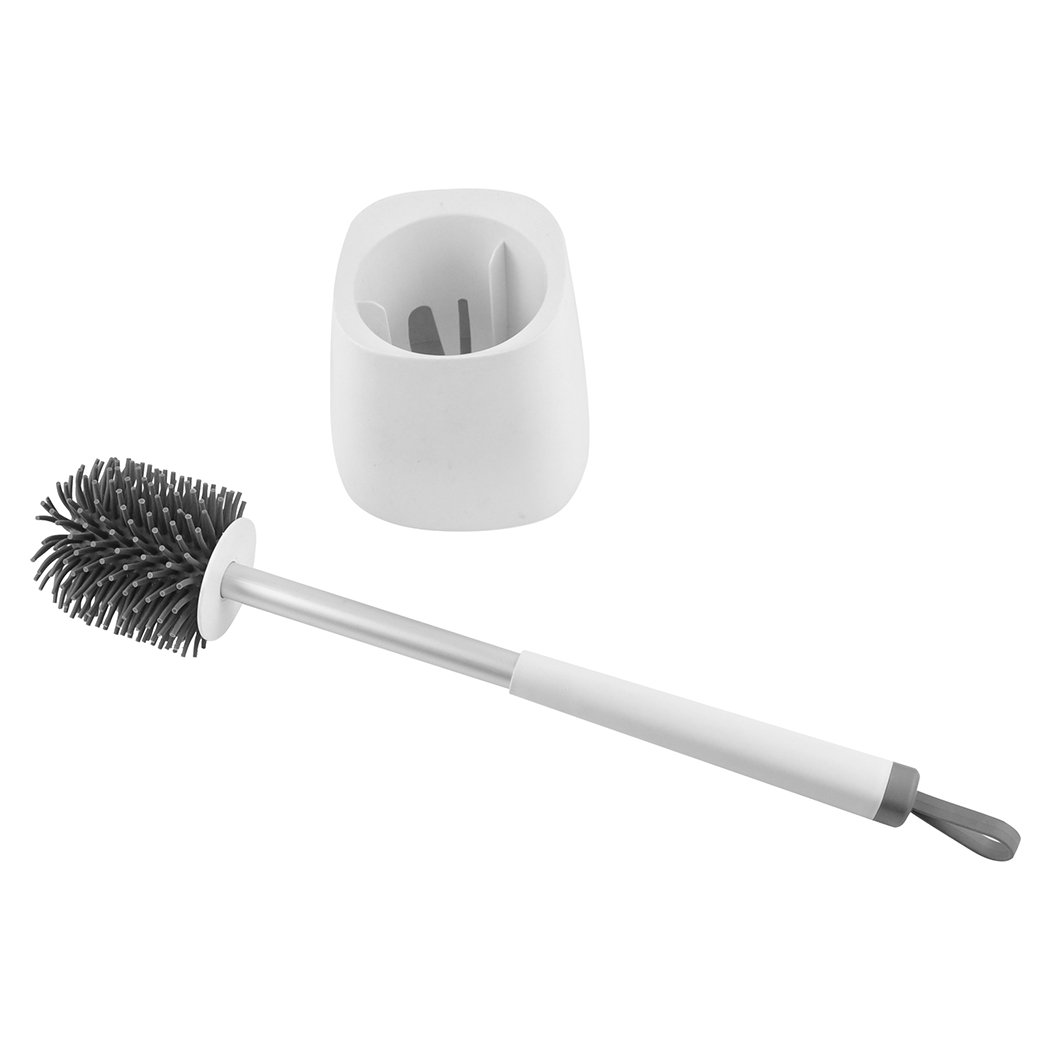 Toilet brush with holder featuring soft bristles and a stylish design, ideal for effective bathroom cleaning.