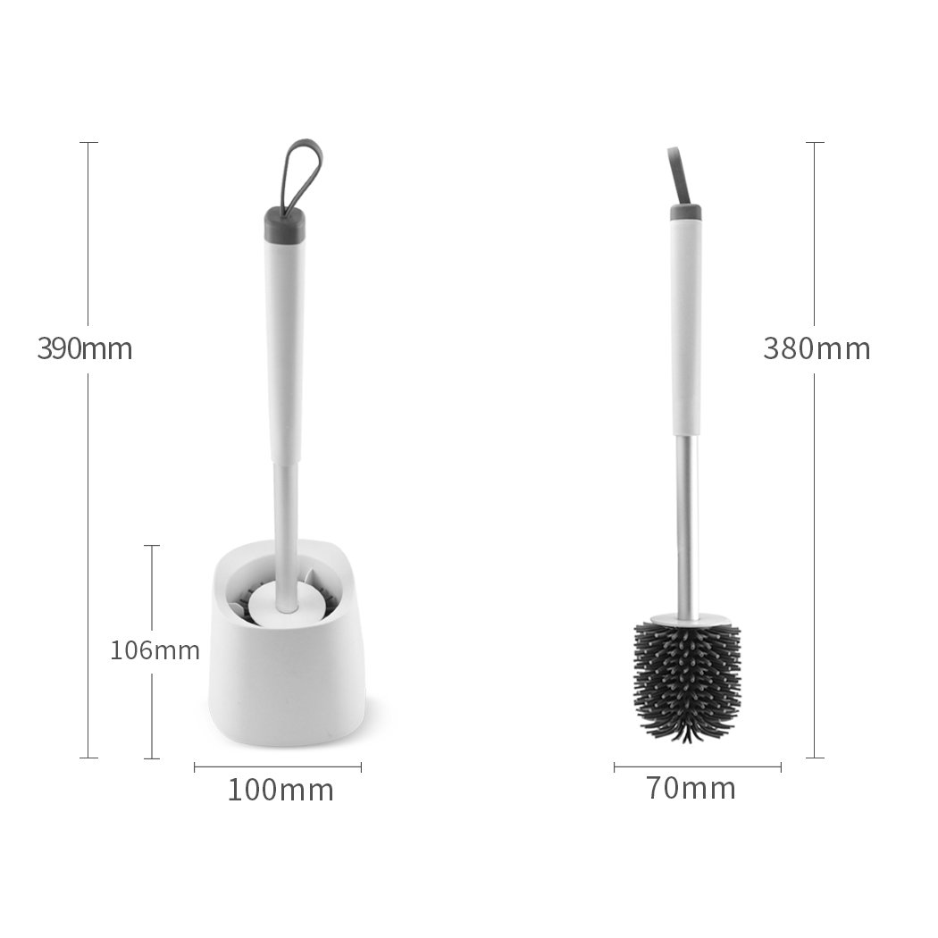 Toilet brush with holder featuring soft bristles and a stylish design, ideal for effective bathroom cleaning.