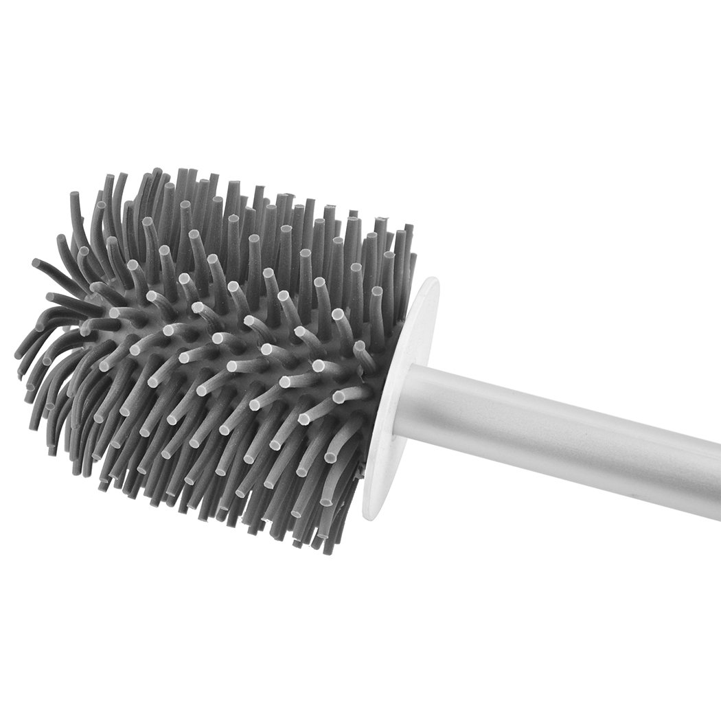 Toilet brush with holder featuring soft bristles and a stylish design, ideal for effective bathroom cleaning.