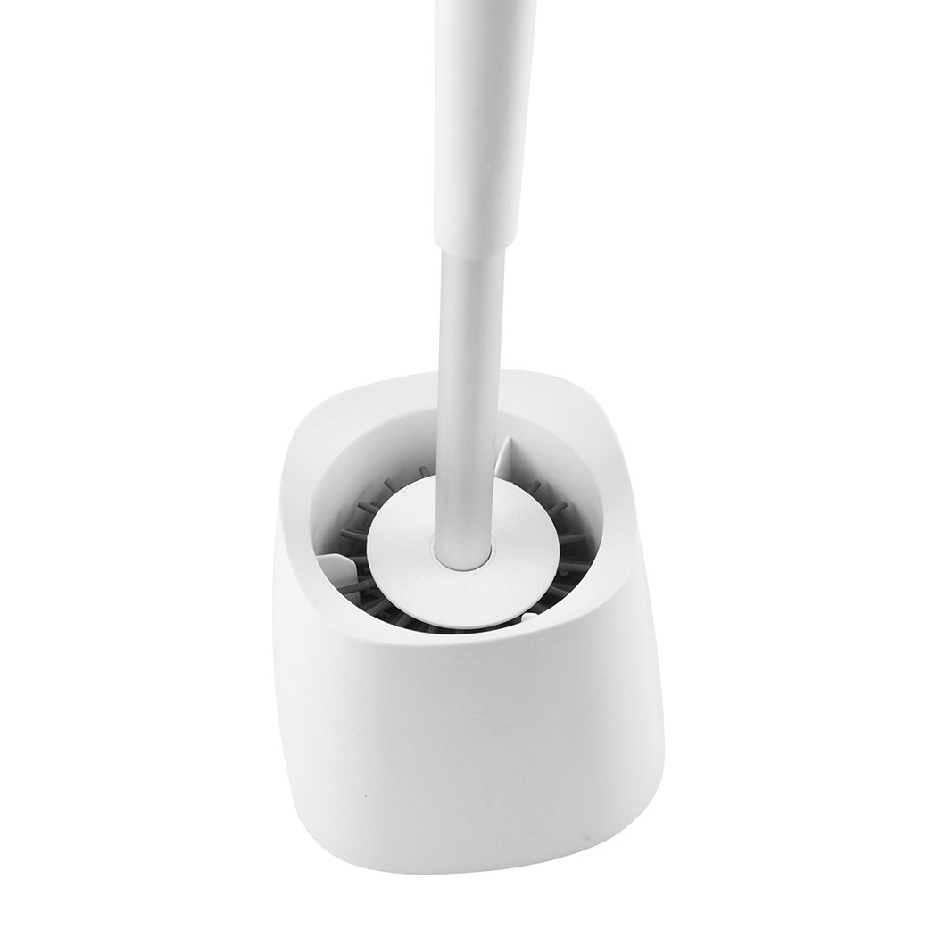 Toilet brush with holder featuring soft bristles and a stylish design, ideal for effective bathroom cleaning.