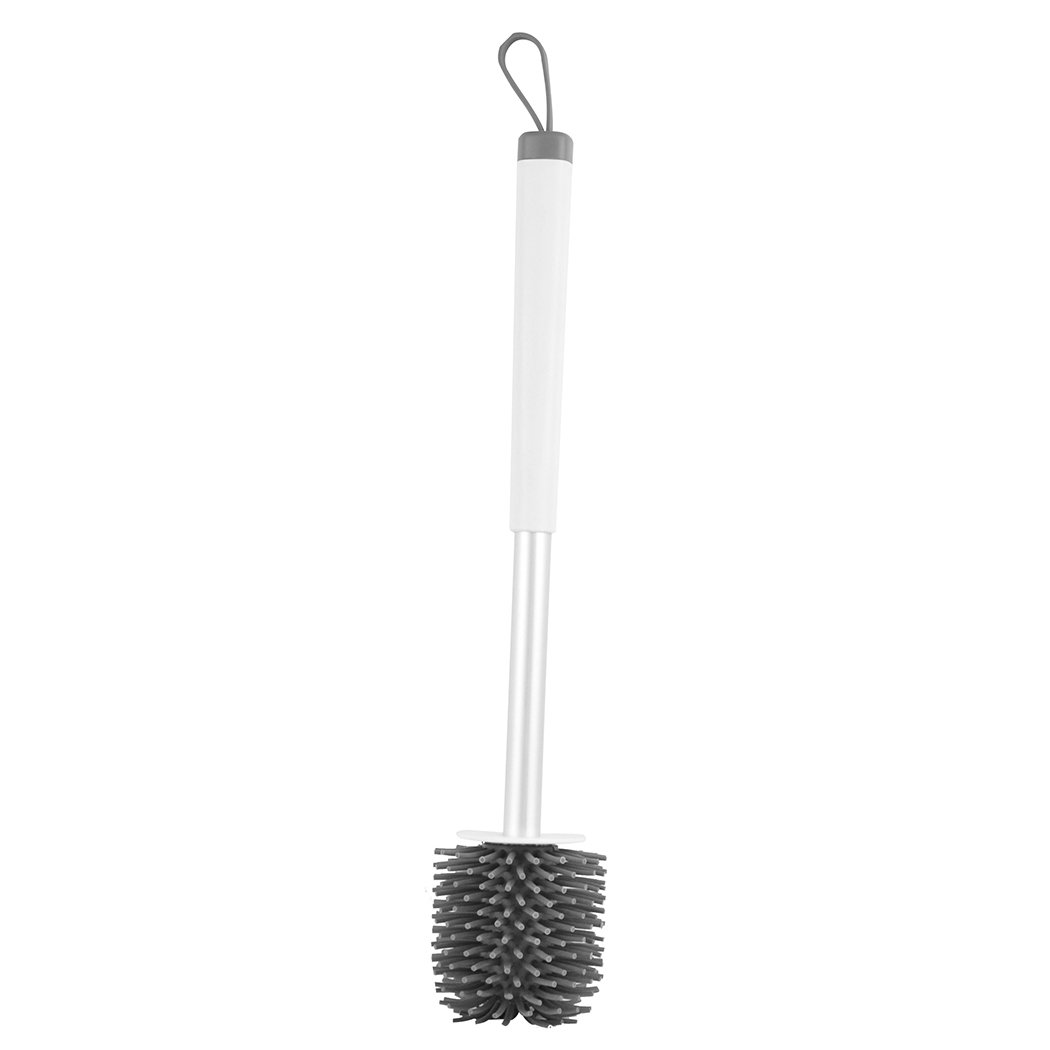 Toilet brush with holder featuring soft bristles and a stylish design, ideal for effective bathroom cleaning.