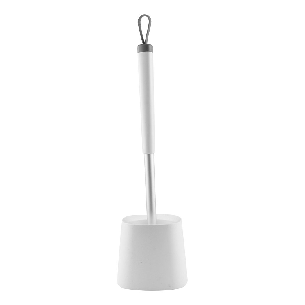 Toilet brush with holder featuring soft bristles and a stylish design, ideal for effective bathroom cleaning.
