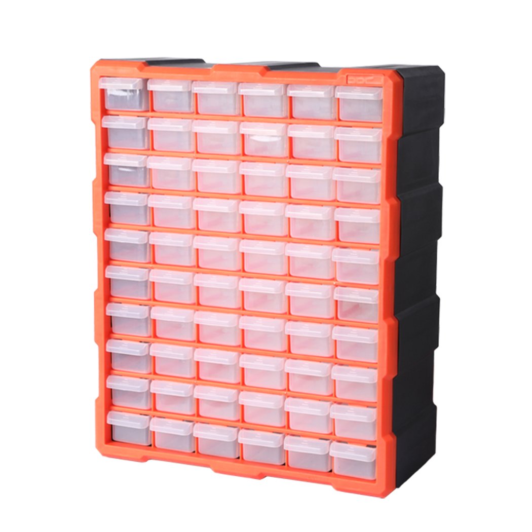 Tool Storage Cabinet with multiple drawers and compartments in orange and black, designed for organizing tools and accessories efficiently.