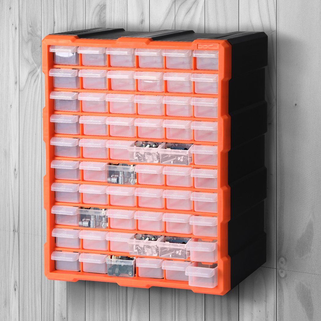 Tool Storage Cabinet with multiple drawers and compartments in orange and black, designed for organizing tools and accessories efficiently.
