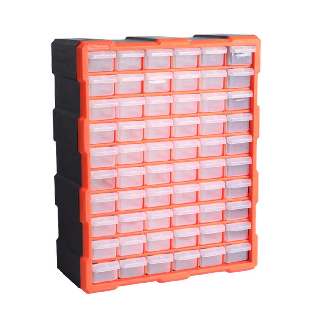Tool Storage Cabinet with multiple drawers and compartments in orange and black, designed for organizing tools and accessories efficiently.