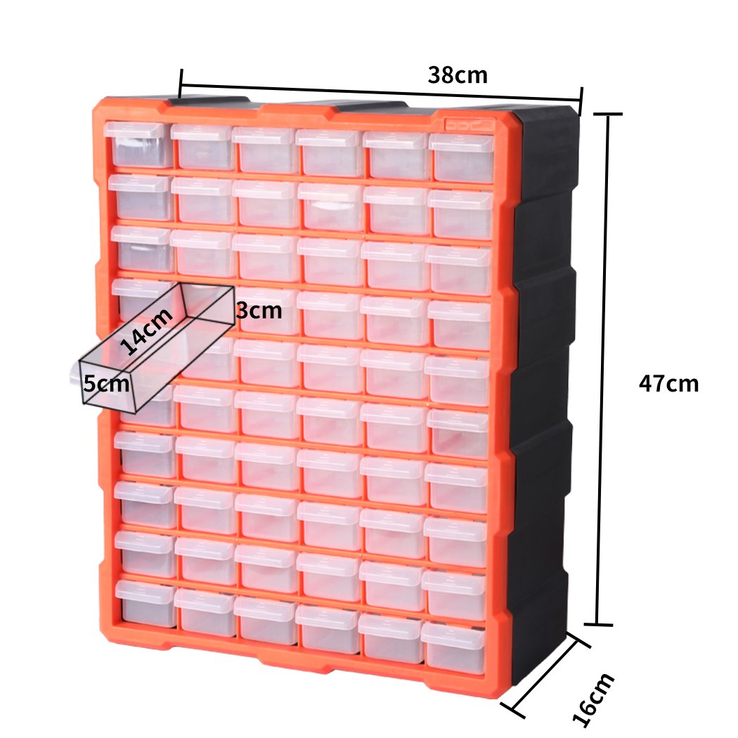 Tool Storage Cabinet with multiple drawers and compartments in orange and black, designed for organizing tools and accessories efficiently.
