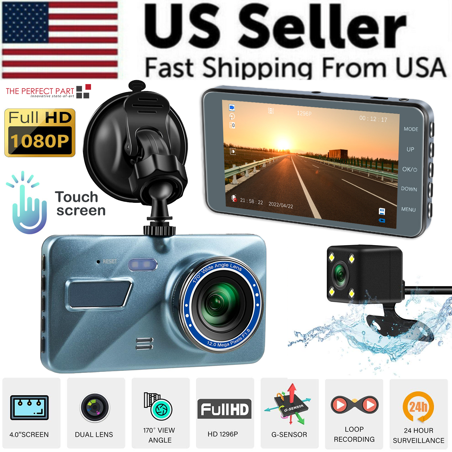 Touch Screen Dash Cam 4" 1080P Dual Lens Car DVR Recorder with front and rear cameras, showcasing a sleek design and large display.