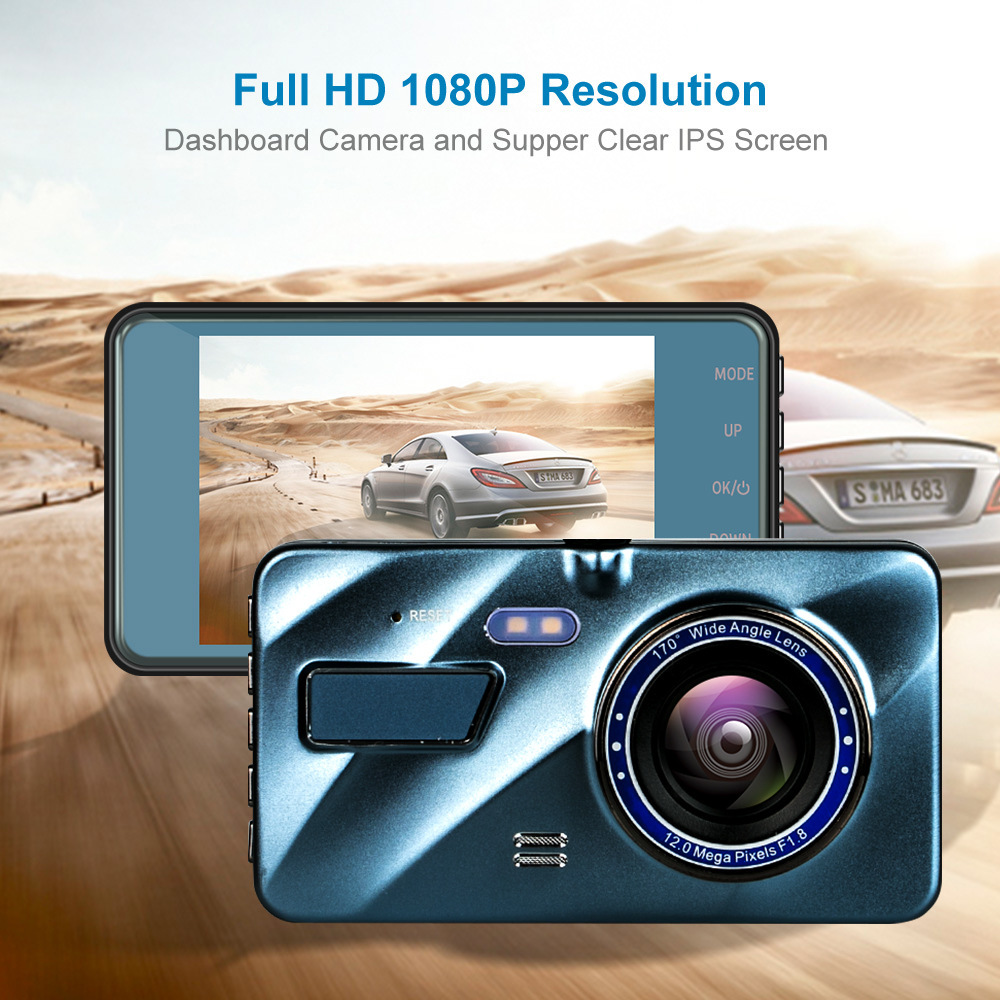 Touch Screen Dash Cam 4" 1080P Dual Lens Car DVR Recorder with front and rear cameras, showcasing a sleek design and large display.
