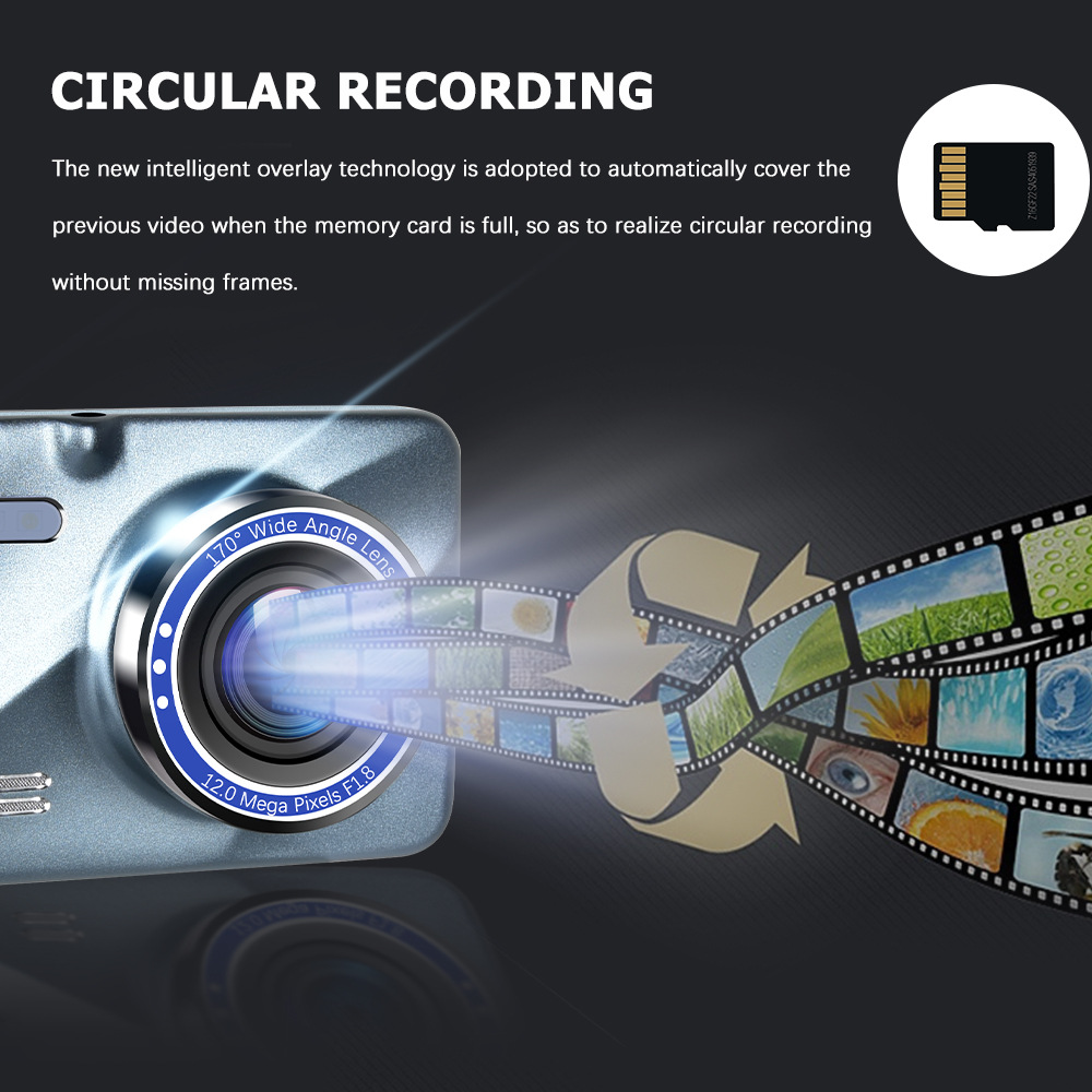 Touch Screen Dash Cam 4" 1080P Dual Lens Car DVR Recorder with front and rear cameras, showcasing a sleek design and large display.