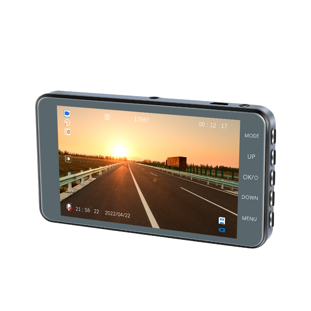 Touch Screen Dash Cam 4" 1080P Dual Lens Car DVR Recorder with front and rear cameras, showcasing a sleek design and large display.