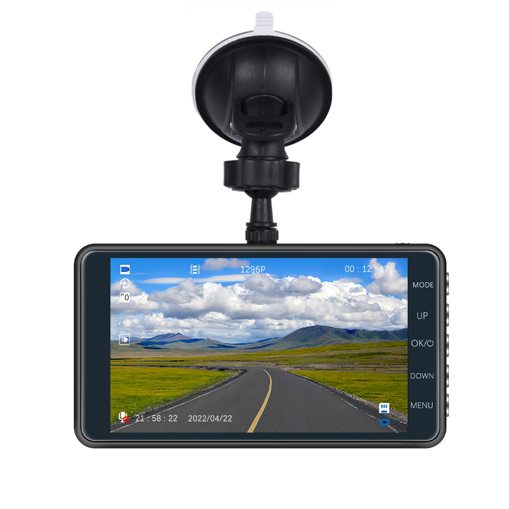 Touch Screen Dash Cam 4" 1080P Dual Lens Car DVR Recorder with front and rear cameras, showcasing a sleek design and large display.