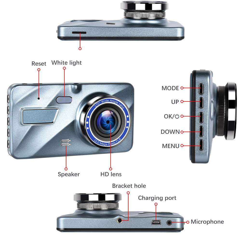 Touch Screen Dash Cam 4" 1080P Dual Lens Car DVR Recorder with front and rear cameras, showcasing a sleek design and large display.