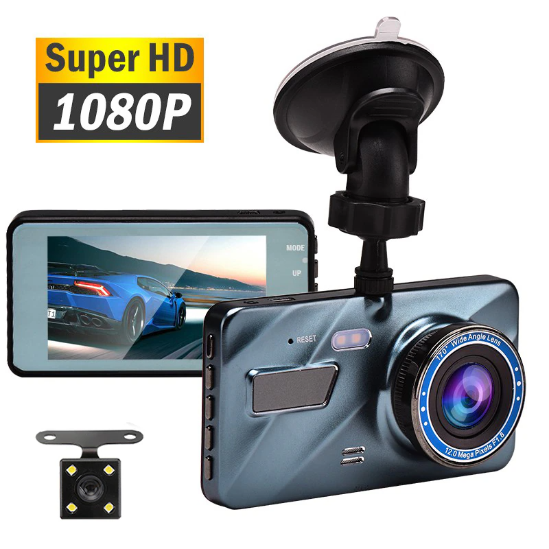 Touch Screen Dash Cam 4" 1080P Dual Lens Car DVR Recorder with front and rear cameras, showcasing a sleek design and large display.