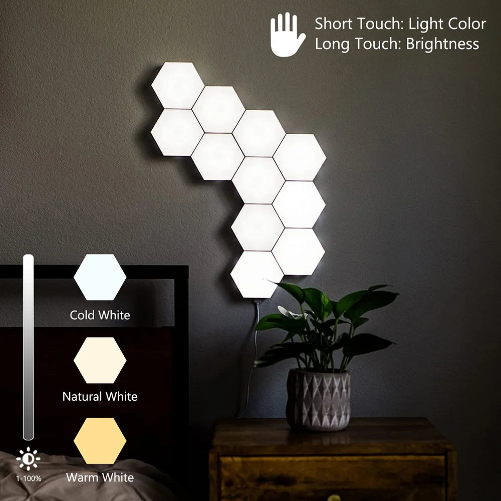 Touch Sensitive RGB Hexagon Lights LED Wall Panels showcasing customizable shapes and vibrant colors.