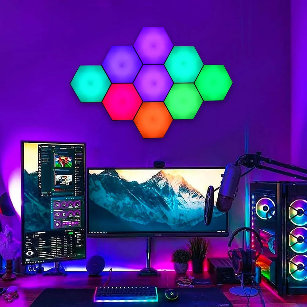 Touch Sensitive RGB Hexagon Lights LED Wall Panels showcasing customizable shapes and vibrant colors.