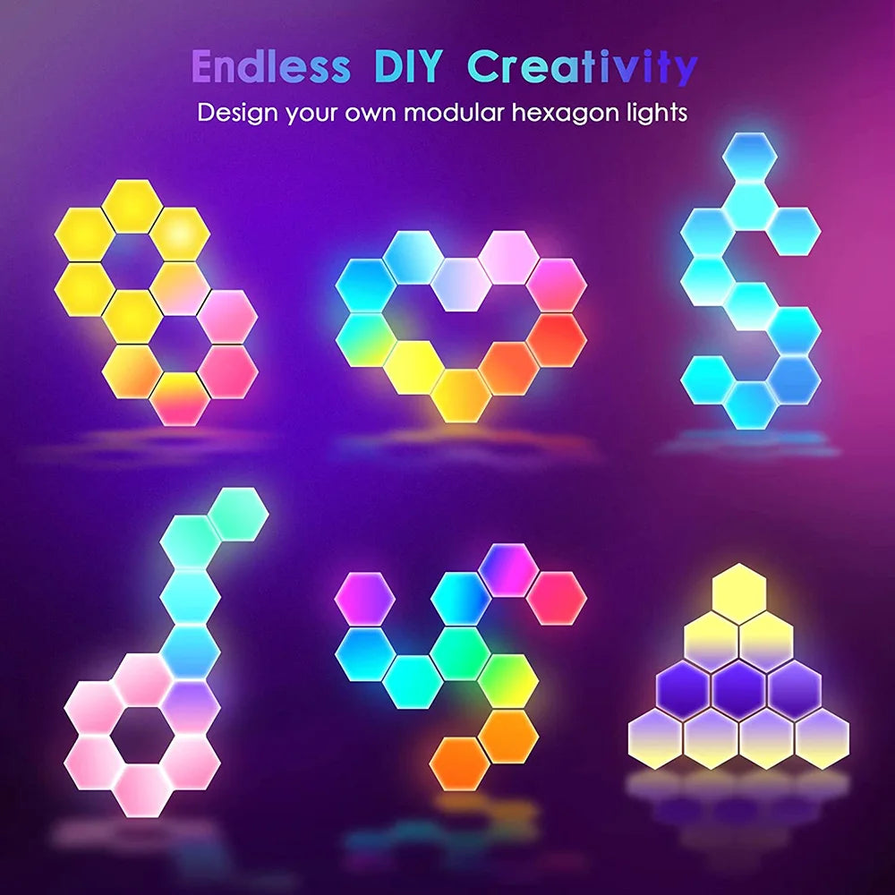 Touch Sensitive RGB Hexagon Lights LED Wall Panels showcasing customizable shapes and vibrant colors.