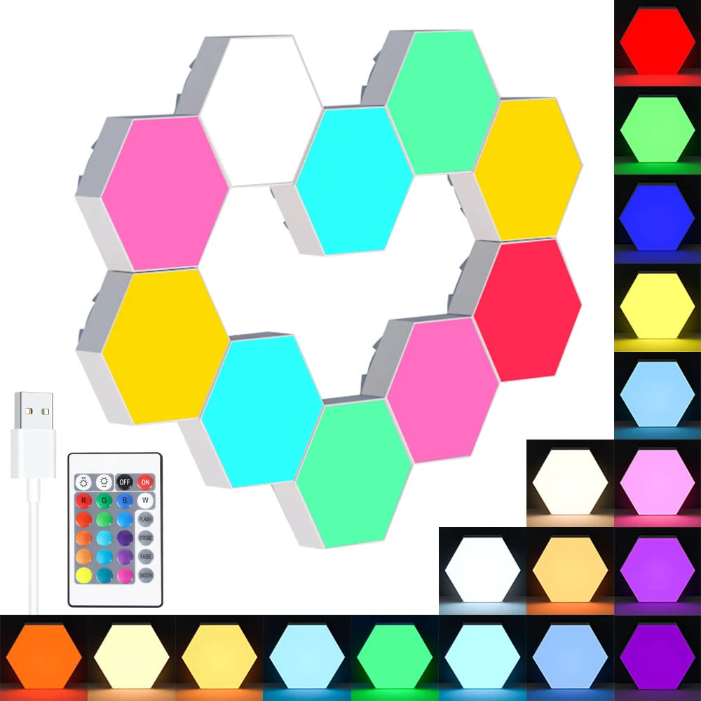 Touch Sensitive RGB Hexagon Lights LED Wall Panels showcasing customizable shapes and vibrant colors.