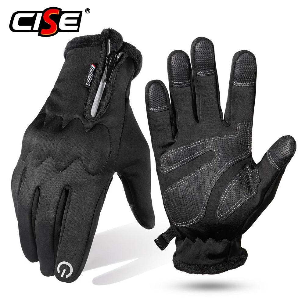 Touchscreen motorcycle full finger gloves in black, designed for winter riding with waterproof and windproof features.