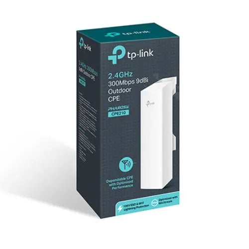 TP-LINK CPE210 outdoor access point with dual-polarized antenna, designed for long-range wireless connectivity.