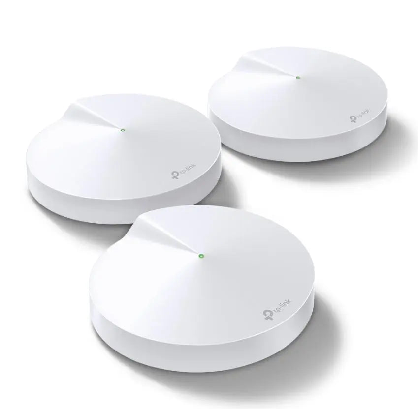 TP-LINK Deco M9 Plus 3-pack Smart Home Mesh Wi-Fi System with sleek design and multiple units for enhanced coverage.