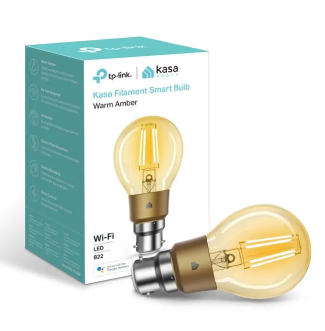 TP-Link KL60B Kasa Filament Smart Bulb in warm amber light with bayonet fitting, showcasing its elegant design.
