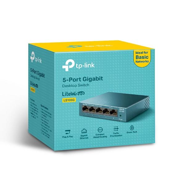 TP-Link LS105G 5-Port Desktop Switch with five RJ45 ports and a sleek steel housing design.