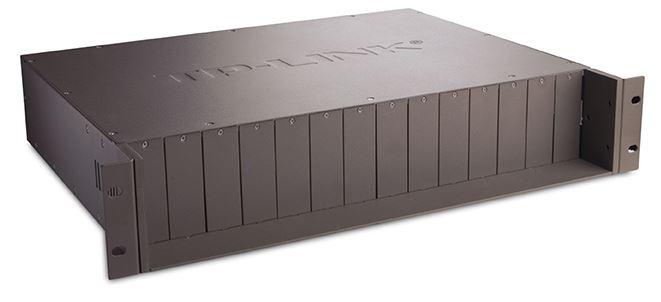 TP-LINK MC1400 19' 2U Rackmount Chassis with 14 slots for media converters, featuring cooling fans and a sleek design.