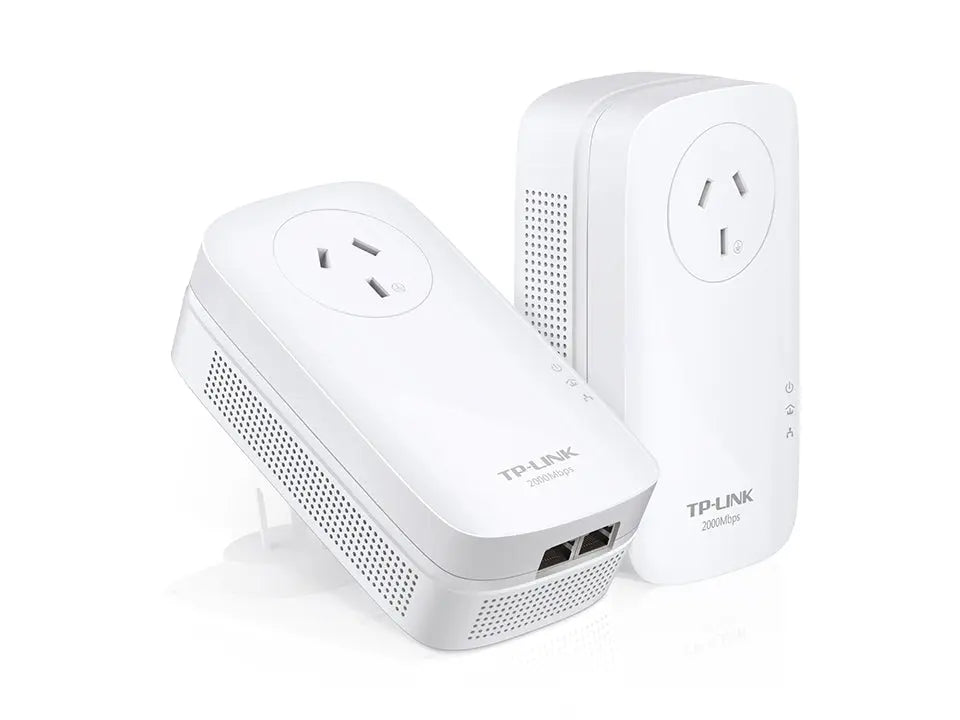 TP-LINK PA9020P AV2000 Powerline Adapter with two Ethernet ports and integrated power socket, designed for high-speed internet connectivity.