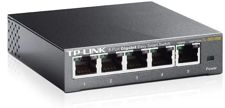 TP-Link SG105E 5-Port Gigabit Desktop Easy Smart Switch with five RJ45 ports and sleek design.