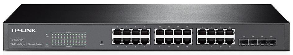 TP-LINK T1600G-28TS JetStream 24-Port Gigabit Smart Switch with 4 SFP slots, showcasing its sleek design and multiple ports.