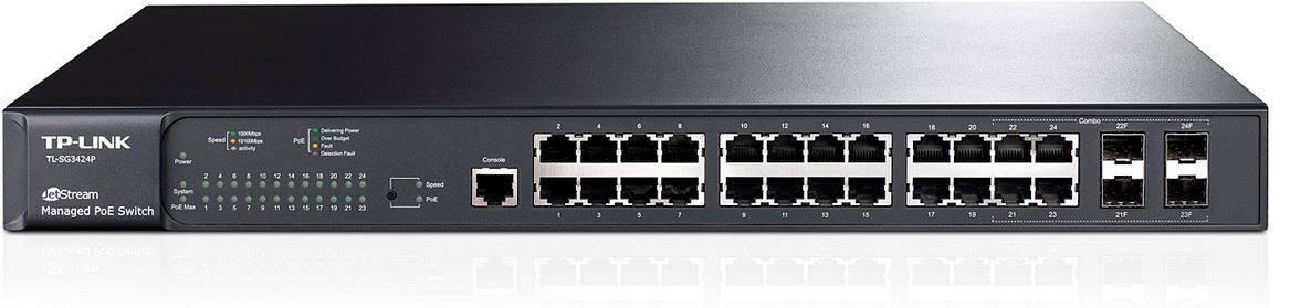 TP-Link T2600G-28MPS JetStream 24-Port Gigabit L2 Managed PoE+ Switch with 4 SFP slots, showcasing its ports and design.