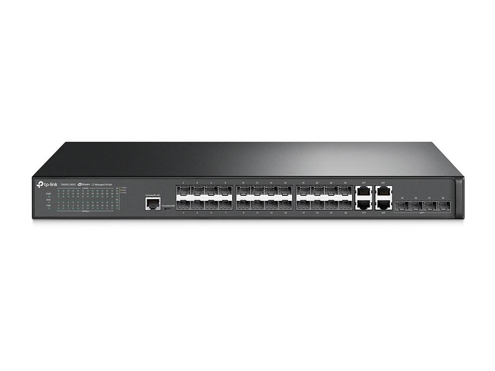 TP-LINK T2600G-28SQ JetStream 28-Port Gigabit SFP L2 Managed Switch with multiple ports and sleek design.