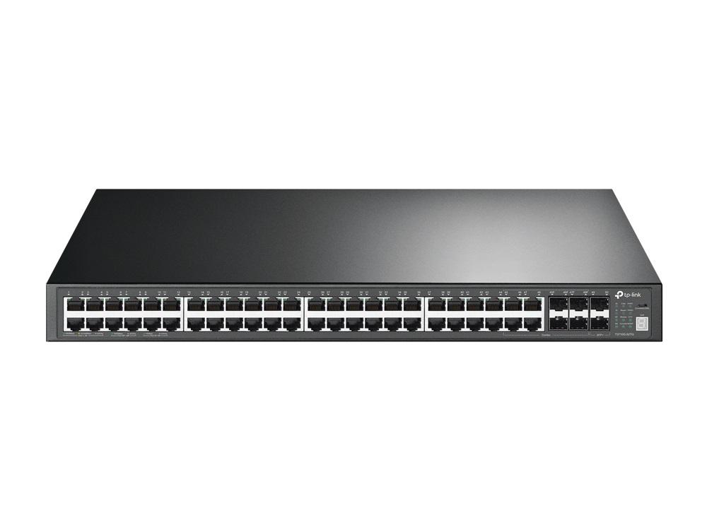 TP-LINK T3700G-52TQ JetStream 52-Port Gigabit Stackable L3 Managed Switch with multiple ports and dual power units.