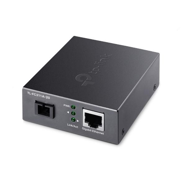 TP-LINK TL-FC311A-20 Gigabit WDM Media Converter with RJ45 and SC Fiber ports, compact design for network connectivity.