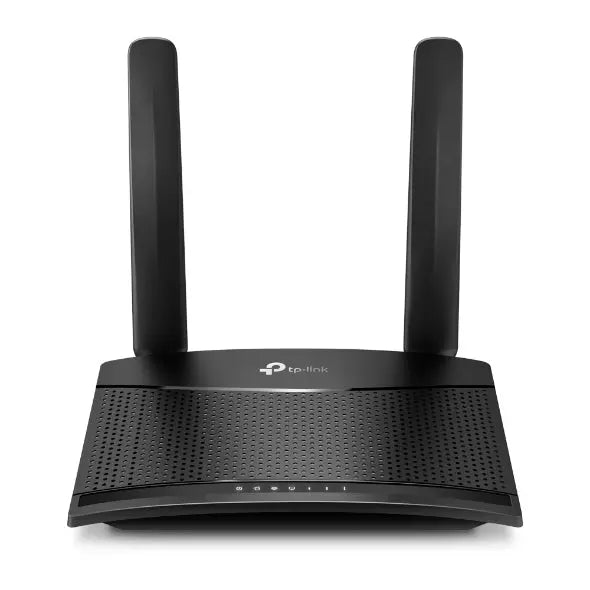 TP-LINK TL-MR100 300 Mbps Wireless N 4G LTE Router with two detachable antennas and SIM card slot.