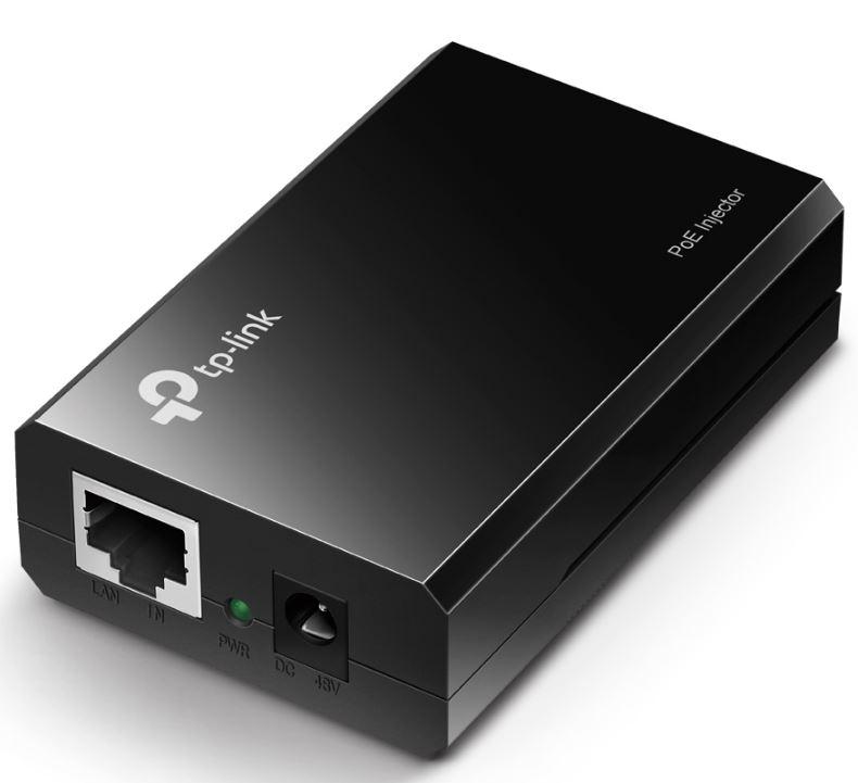 TP-LINK TL-POE150S PoE Injector Splitter with two Gigabit RJ45 ports and external power adapter.