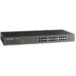 TP-LINK TL-SF1024 24-Port 10/100Mbps Rackmount Unmanaged Switch with 24 RJ45 ports and a sleek steel design.
