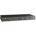 TP-LINK TL-SF1024 24-Port 10/100Mbps Rackmount Unmanaged Switch with 24 RJ45 ports and a sleek steel design.