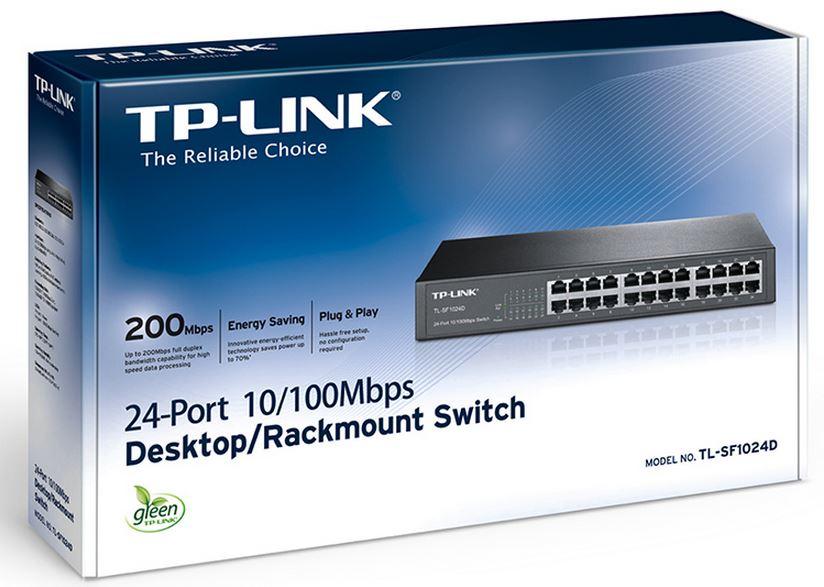 TP-Link TL-SF1024D 24-Port Unmanaged Switch with sleek design and multiple Ethernet ports.