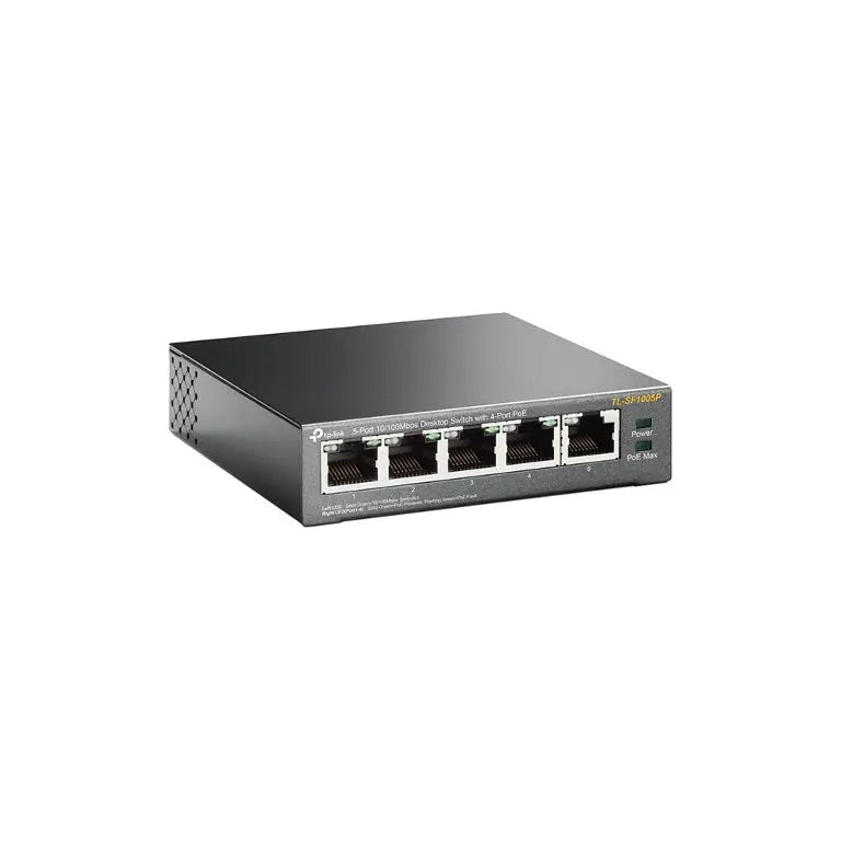 TP-Link TL-SF1005P 5-Port Desktop Switch with 4 PoE ports, compact design, and RJ45 connections.