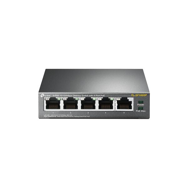 TP-Link TL-SF1005P 5-Port Desktop Switch with 4 PoE ports, showcasing its compact design and multiple Ethernet ports.