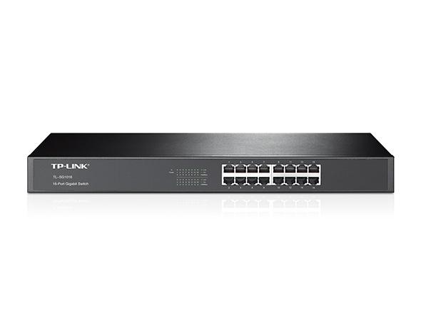 TP-Link TL-SG1016D 16-Port Gigabit Switch with sleek design and multiple Ethernet ports for high-speed connectivity.