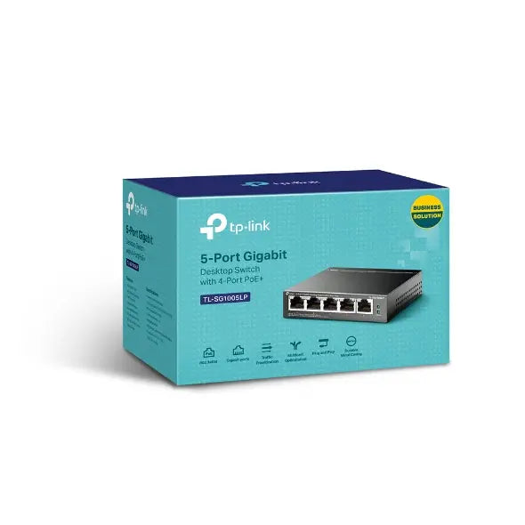 TP-LINK TL-SG1005LP 5-Port Gigabit Desktop Switch with 4 PoE+ ports, showcasing its compact design and multiple RJ45 ports.