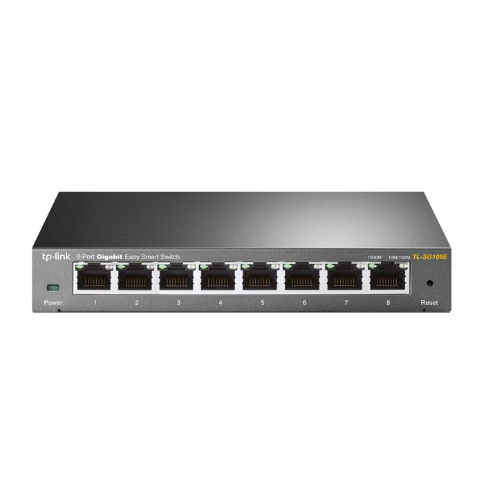 TP-Link TL-SG108E 8 Port Gigabit Ethernet Switch with compact design and multiple RJ45 ports.