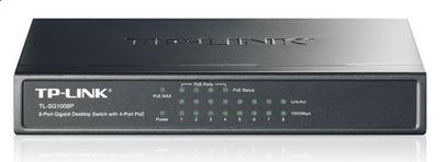TP-Link TL-SG1008P 8-Port Gigabit Desktop Unmanaged Switch with 4 PoE ports, featuring LED indicators and a compact design.