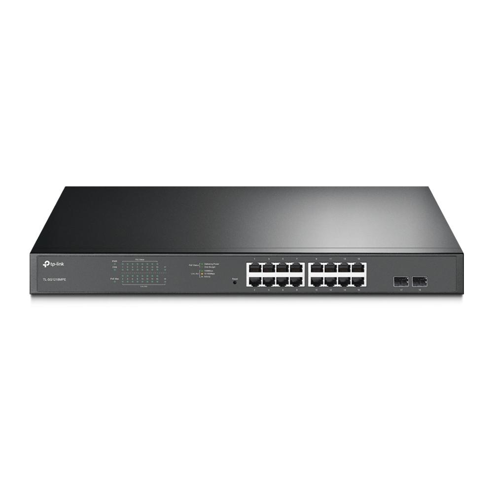 TP-Link TL-SG1218MPE JetStream 16-Port Gigabit Easy Smart PoE/PoE+ Switch with multiple Ethernet ports and SFP slots.