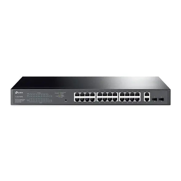 TP-LINK TL-SG1428PE 28-Port Gigabit Easy Smart Switch with 24 PoE+ ports, featuring a sleek design and multiple connectivity options.