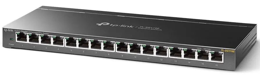 TP-LINK TL-SG116E 16-Port Gigabit Unmanaged Pro Switch with 16 RJ45 ports and a durable metal casing, suitable for desktop or wall mounting.
