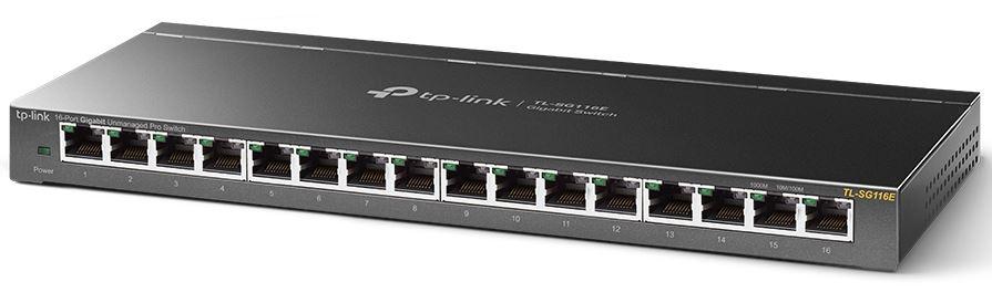 TP-LINK TL-SG116E 16-Port Gigabit Unmanaged Pro Switch with 16 RJ45 ports and a durable metal casing, suitable for desktop or wall mounting.